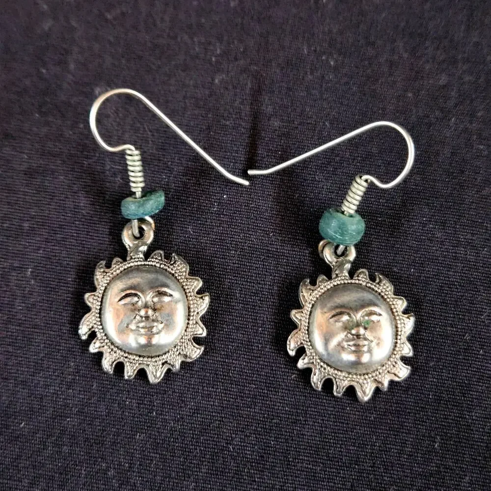 Sun with Face Sivler Earrings Dangle Boho Hippie‎